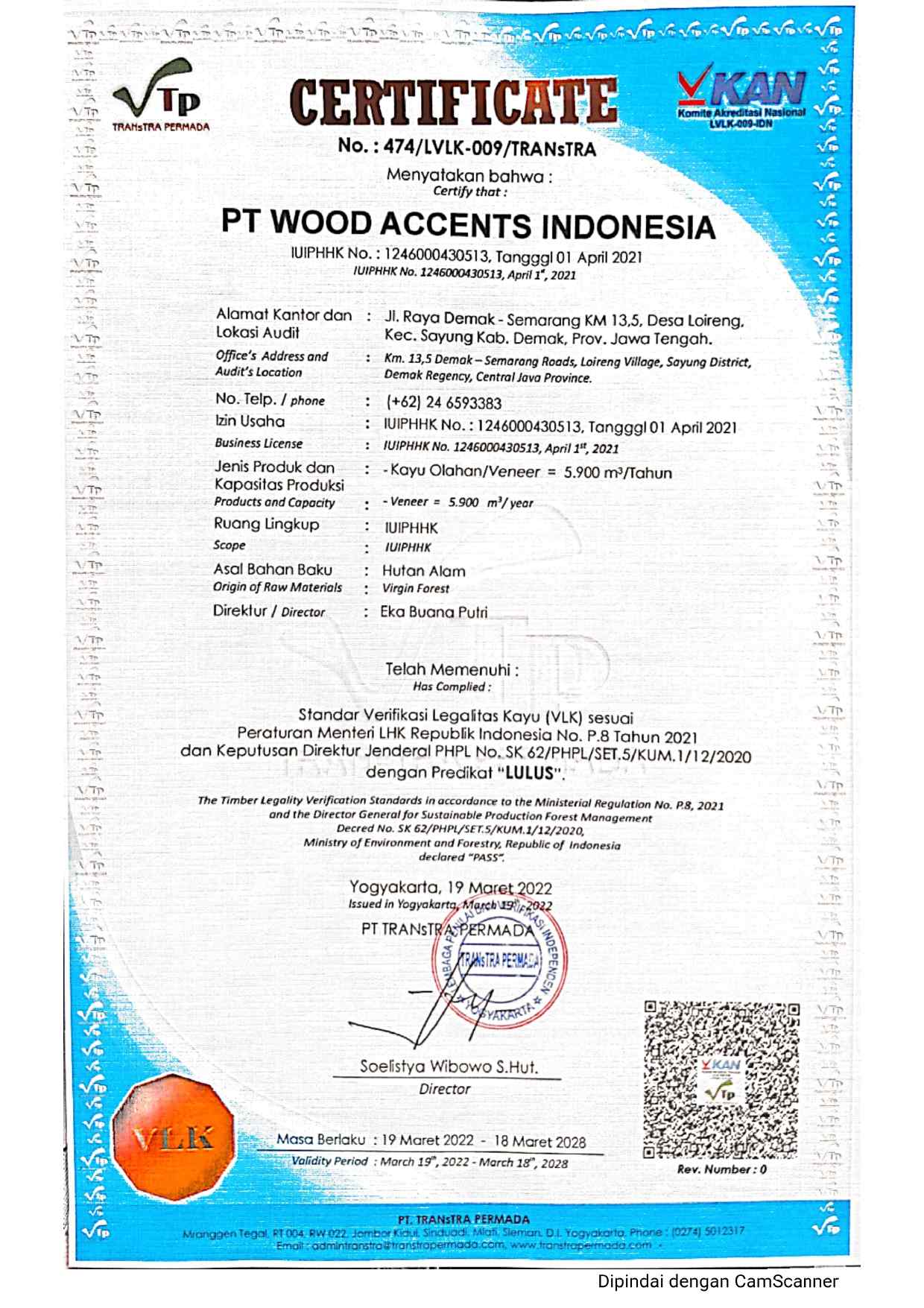 Sertifikat Resmi PT. Wood Accents Indonesia